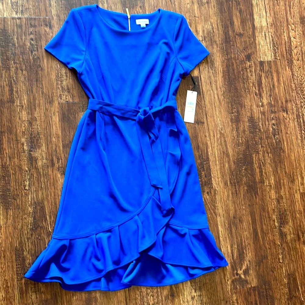 Calvin Klein Royal Blue Tulip Hem Tie Waist Faux Wrap Dress NWT Size 12